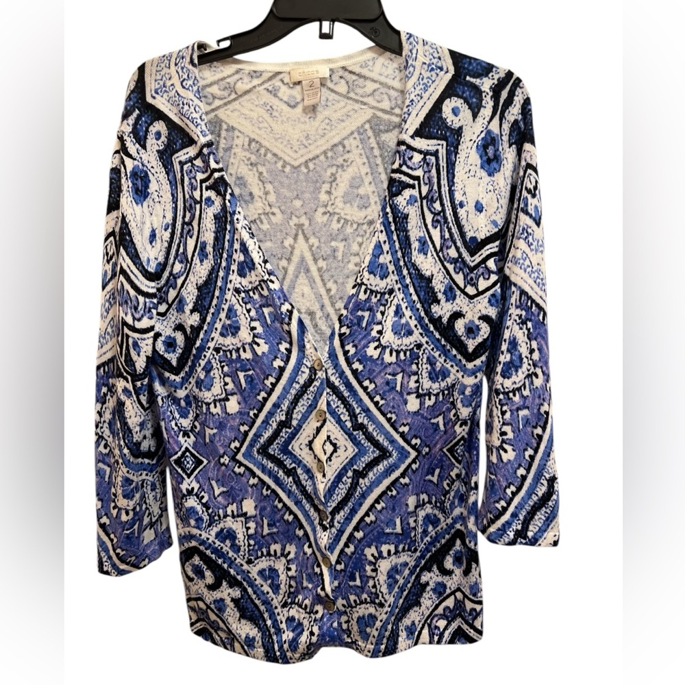 Chico’s Women’s Blue and White M Soft Knit Abstract Design Button Down Sweater